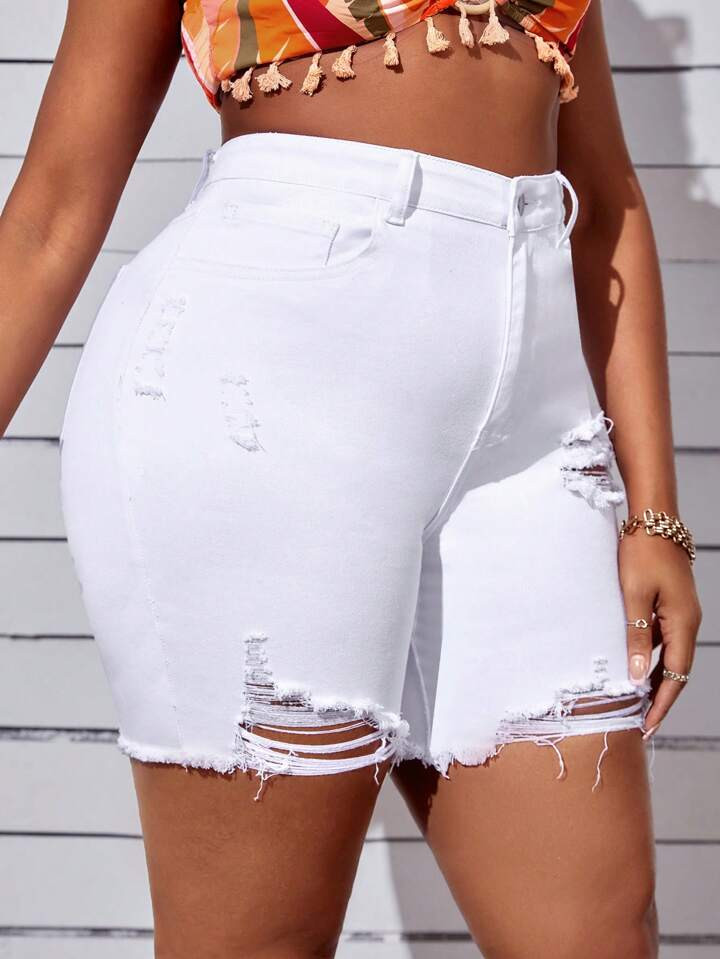 Plus Ripped Raw Hem Denim Shorts | SHEIN