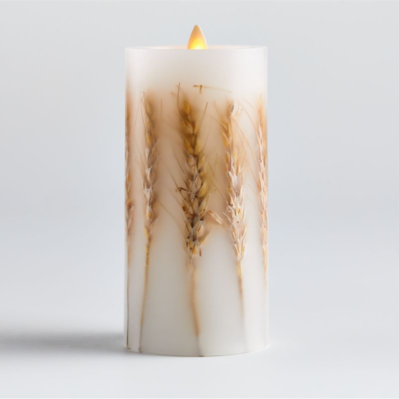 Flickering Flameless 3"x6" Wheat Inclusion Wax Pillar Candle + Reviews | Crate & Barrel | Crate & Barrel