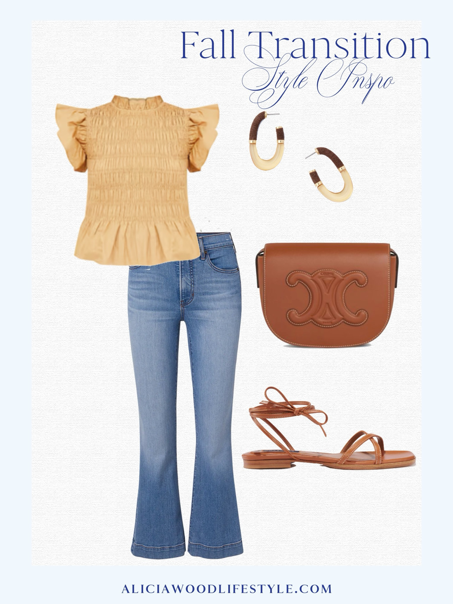 Smocked top with flutter sleeves 
Kick flare Carson Jean 
Wrap sandals 
Celine crossbody bag 
Horn hoop earrings 
Fall transition style 

#LTKOver40 #LTKSeasonal #LTKStyleTip