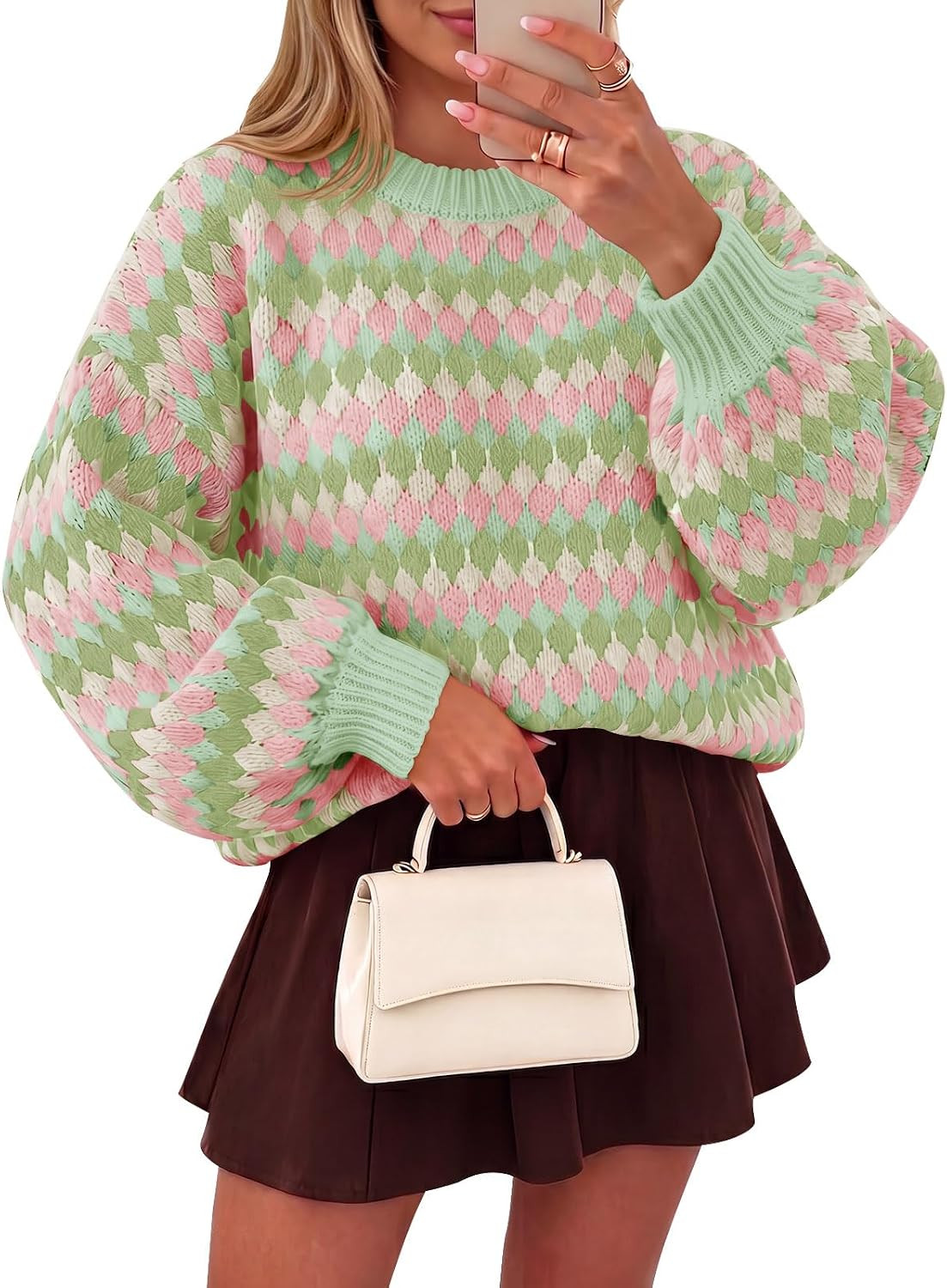 Saodimallsu Womens Striped Sweaters Color Block Long Lantern Sleeve Colorful Loose Chunky Knit Fall Pullover Tops | Amazon (US)