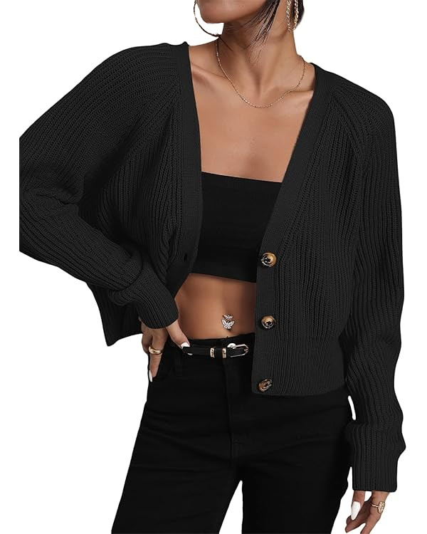 MakeMeChic Women's Casual V Neck Button Up Long Sleeve Cropped Cardigan Sweater | Amazon (US)