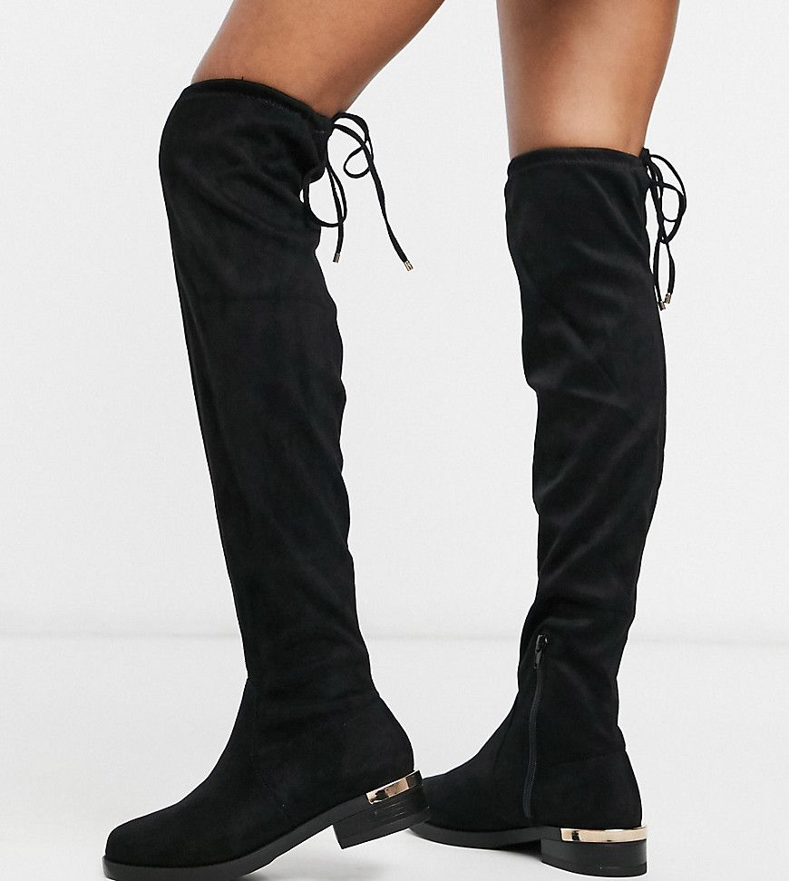 New Look Wide Fit over the knee suedette flat boots in black | ASOS (Global)