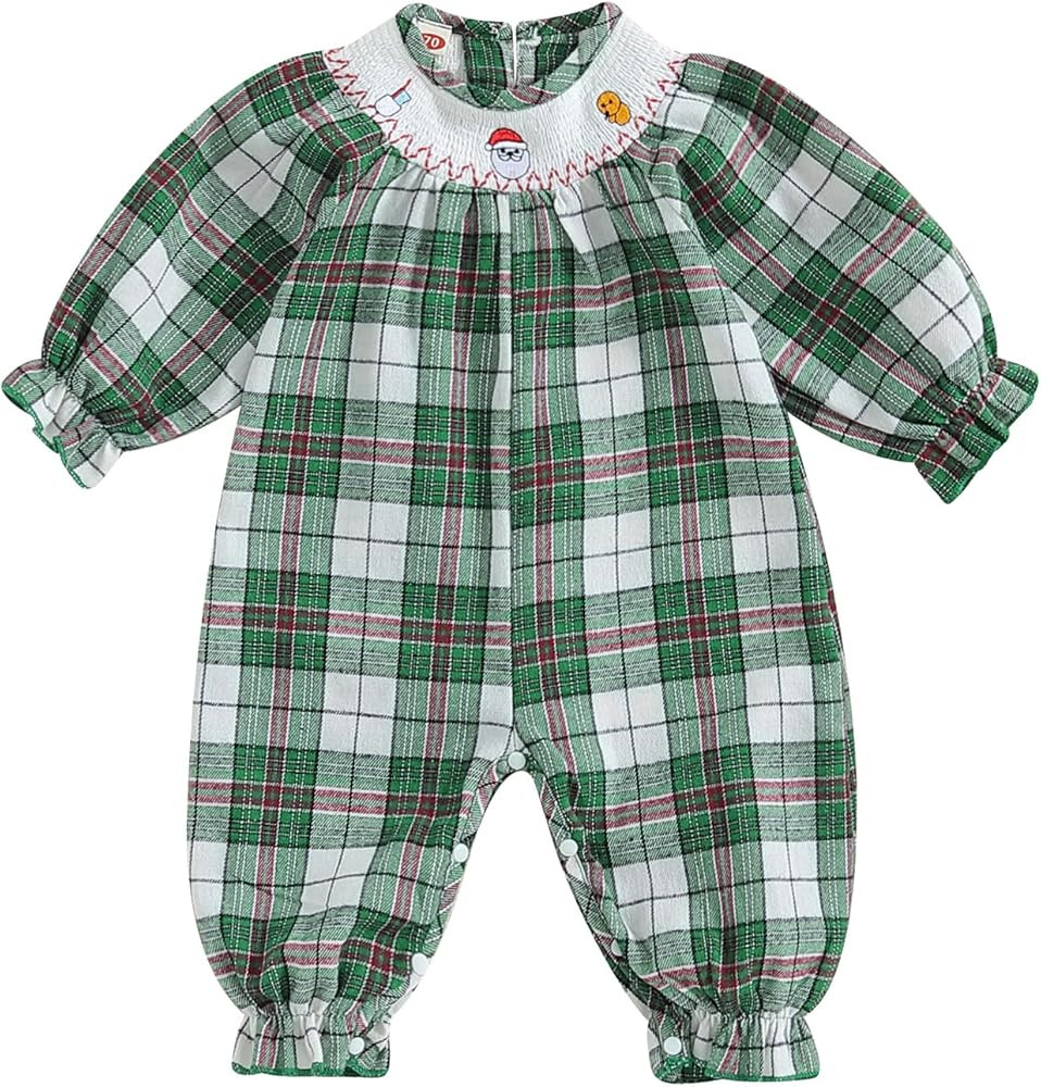 Amazon.com: Chloefairy Newborn Baby Girl Christmas Smocked Romper Santa Plaid Jumpsuit Puff Long ... | Amazon (US)