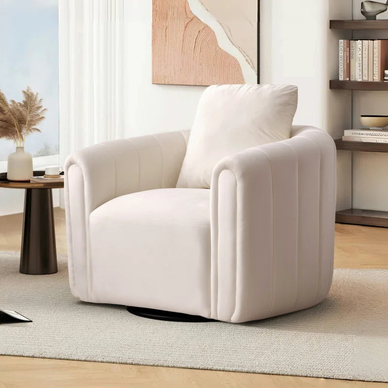 Deria 30.5''Wide Modern Soft Velvet Upholstered Swivel Armrest Barrel Chair with Pillow | Wayfair North America