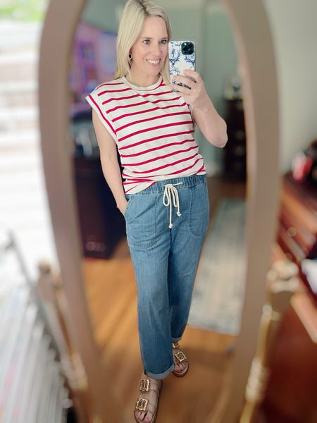 Striped extended sleeve tshirt, red & white tshirt, drawstring jeans, flat sandals 

#LTKFindsUnder50 #LTKFindsUnder100 #LTKOver40