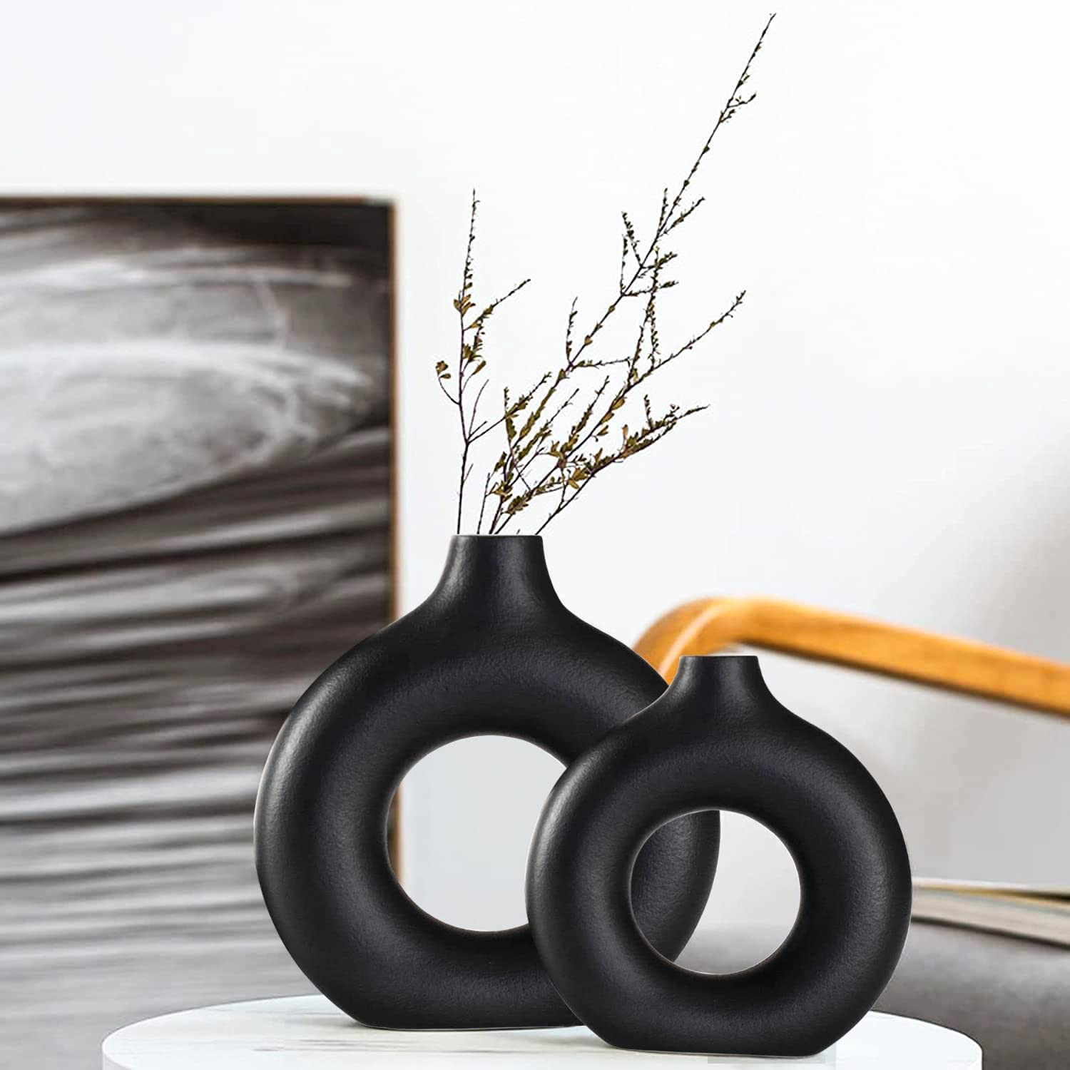 Ceramic Vases Set of 2, Modern Black Round Vase Rustic Home Decor, Donut Ceramic Vase Apply to Li... | Amazon (US)