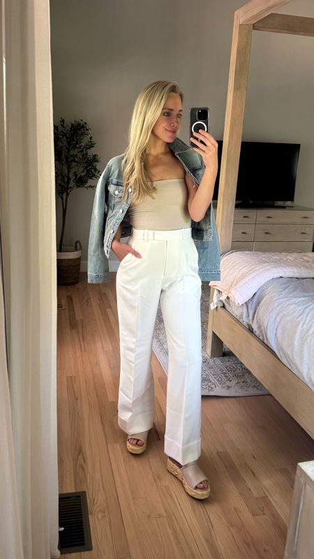 White Wide leg pants tailored pants dressy paint abercrombie pants abercrombie and fitch trousers tube top strapless top sandals wedges platform wedge dolce vita sandals denim jacket jean jacket date night outfit office outfit workwear 

#LTKStyleTip #LTKFindsUnder50 #LTKFindsUnder100