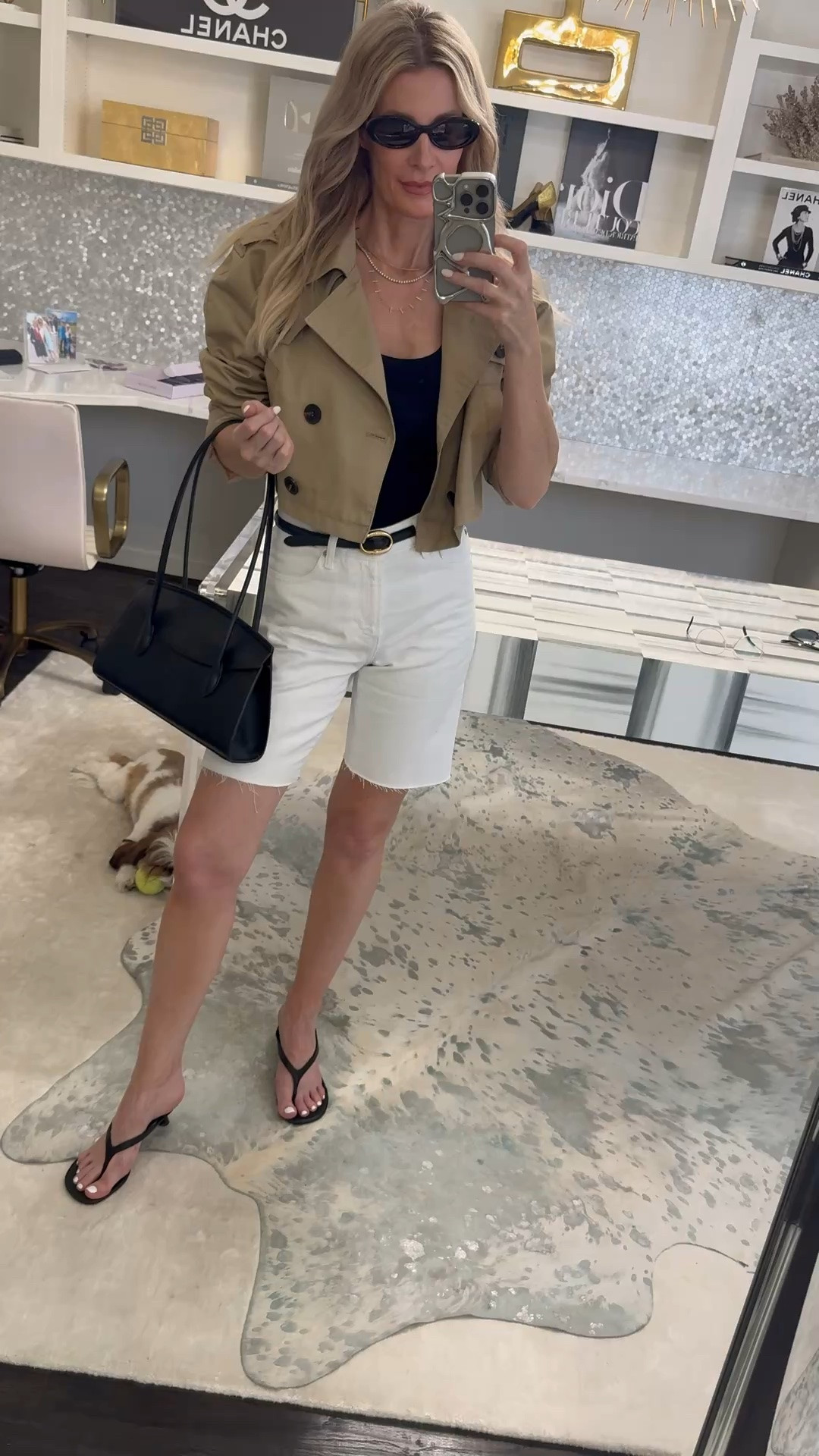 White denim shorts outfit for women over 40 — longer white denim shorts feel modern, flattering, and so easy to style with a cropped trench jacket and ribbed Quince tank. Add sleek sunnies for a polished summer look. Shorts 24, jacket XS. #LTKOver40 #LTKStyleTip #LTKSummer 

 #LTKgrwm #LTKootd #LTKOver40