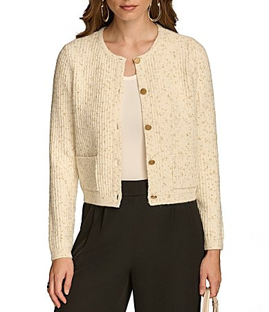 Donna Karan Sweater Knit Gold-Button Front Lady Jacket - S | Dillard's