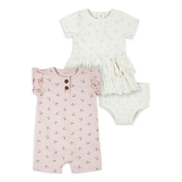 Modern Moments By Gerber Baby Girl Romper & Dress with Diaper Cover, 3-Piece Outfit Set, (0/3 Mon... | Walmart (US)