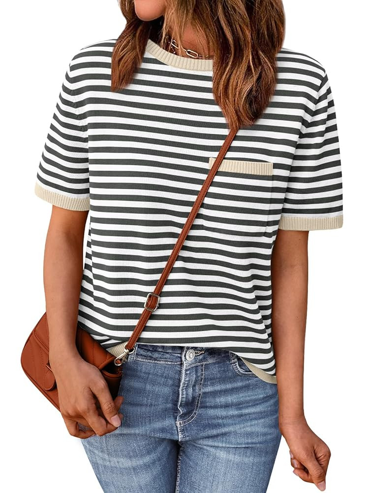 LILLUSORY Womens Striped Short Sleeve Sweater Pullover Shirts with Chest Pocket | Amazon (US)
