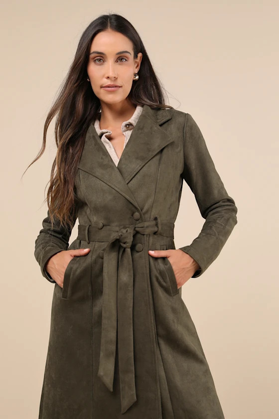 Chic Calling Olive Green Suede Trench Coat | Lulus