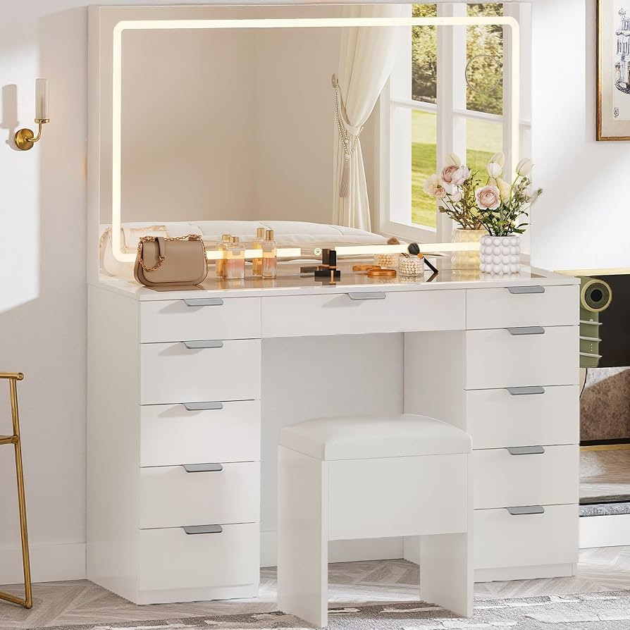 YITAHOME LED Makeup Vanity Table, Glass Top Vanity Desk with Hidden Storage Stool, Vanity with Bu... | Amazon (US)