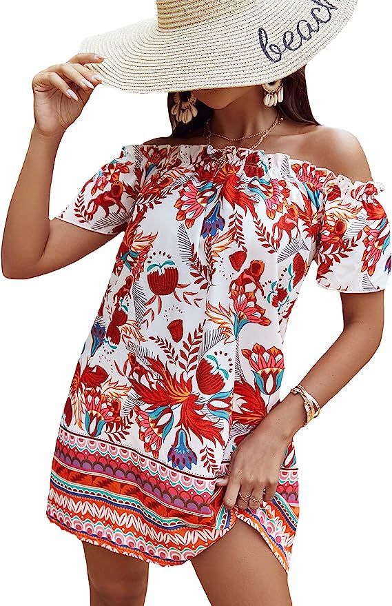 GORGLITTER Women's Boho Short Sleeve Off Shoulder Dress Floral Print Frill Trim Tunic Mini Dresse... | Amazon (US)