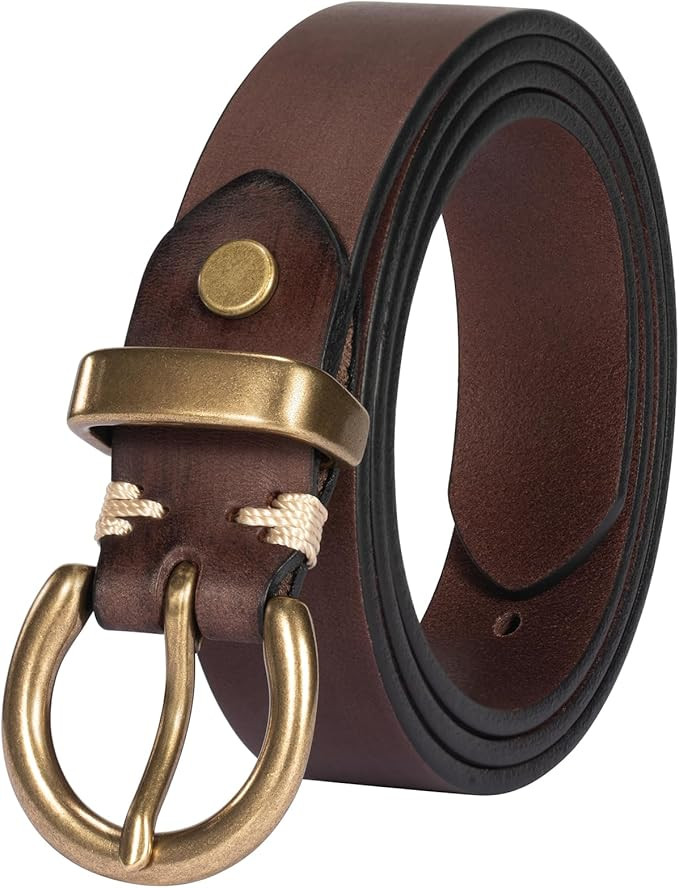 Womens Belt for Jeans Genuine Leather Belt Vintage Solid Brass Circle buckle Gift Box Packaging | Amazon (US)