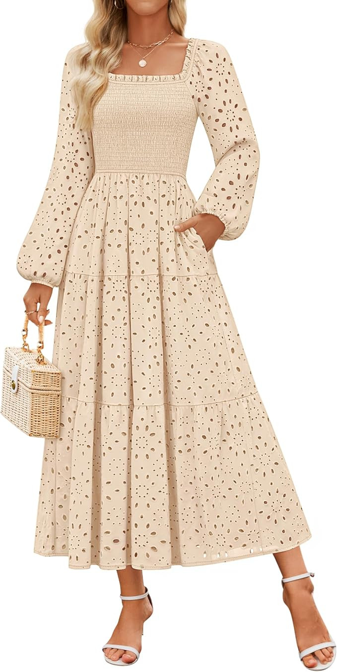 ZESICA Women's Spring Long Sleeve Maxi Dresses 2026 Square Neck Hollow Out Eyelet Smocked A Line ... | Amazon (US)
