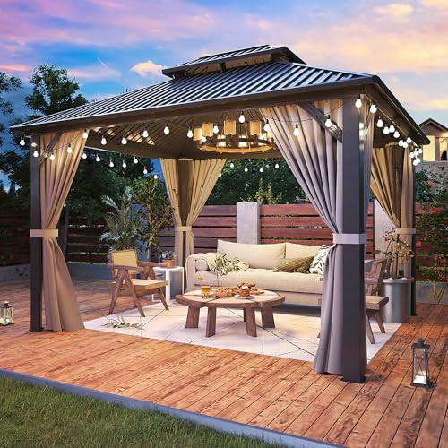 AirWire 10'x12' Gazebo Hardtop Gazebo, Aluminum Frame Pergola with Double Galvanized Steel Roof, Permanent Outdoor Metal Canopy with Curtain & Netting for Patio, Backyard, Deck, Dark Grey | Amazon (US)