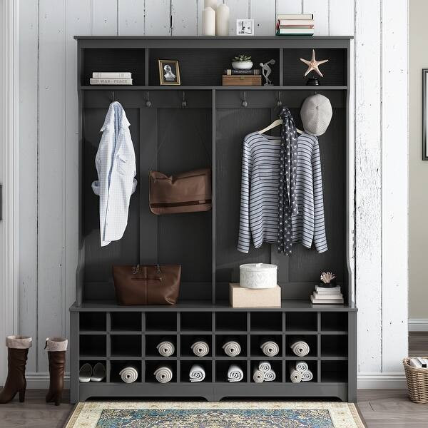 Hall Tree Entryway Bench with Hooks and 24 Shoe Cubbies - Overstock - 35610946 | Bed Bath & Beyond