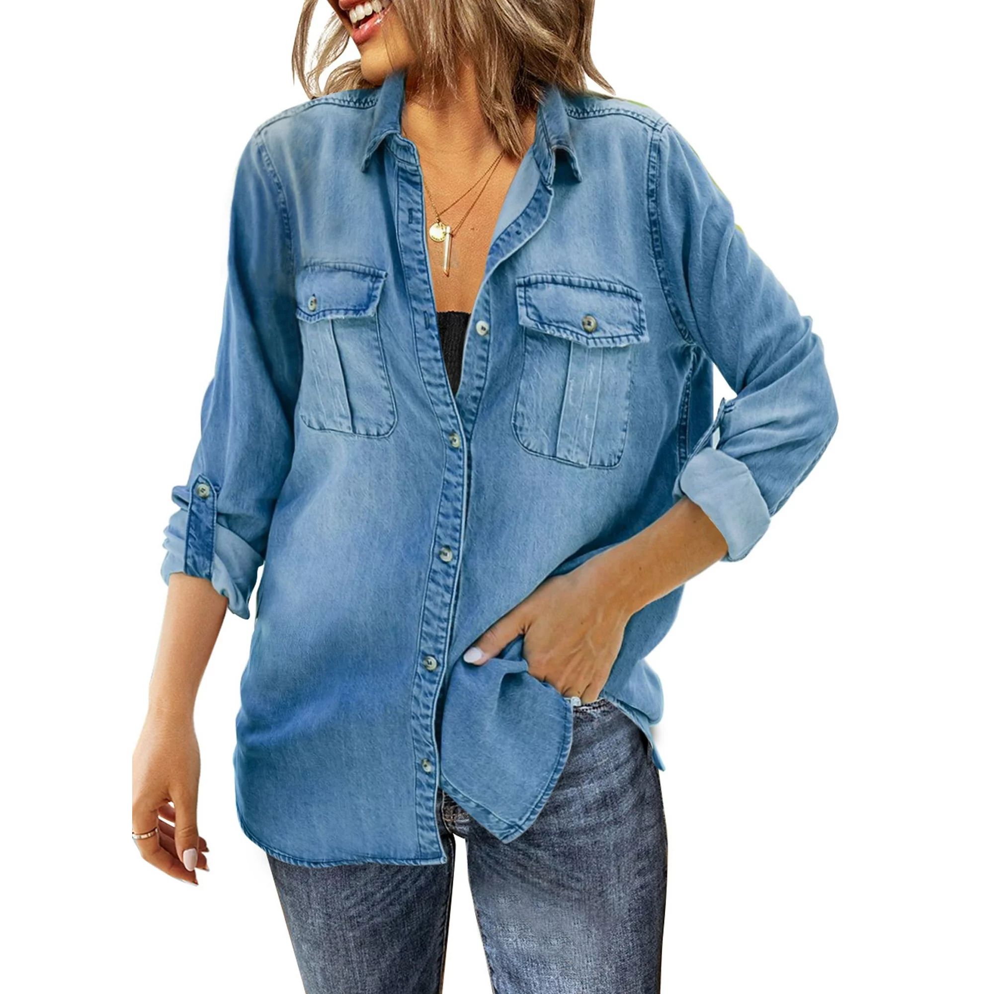 Astylish Chambray Shirt for Women Collared V Neck Button Down Cotton Tops Distressed Washed Denim... | Walmart (US)