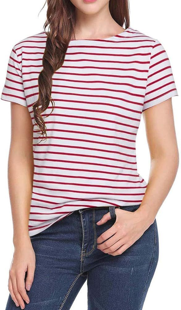 Women's Short Sleeve Striped T-Shirt Tee Shirt Tops Casual Loose Fit Blouses | Amazon (US)