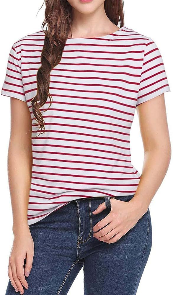 Women's Short Sleeve Striped T-Shirt Tee Shirt Tops Casual Loose Fit Blouses | Amazon (US)