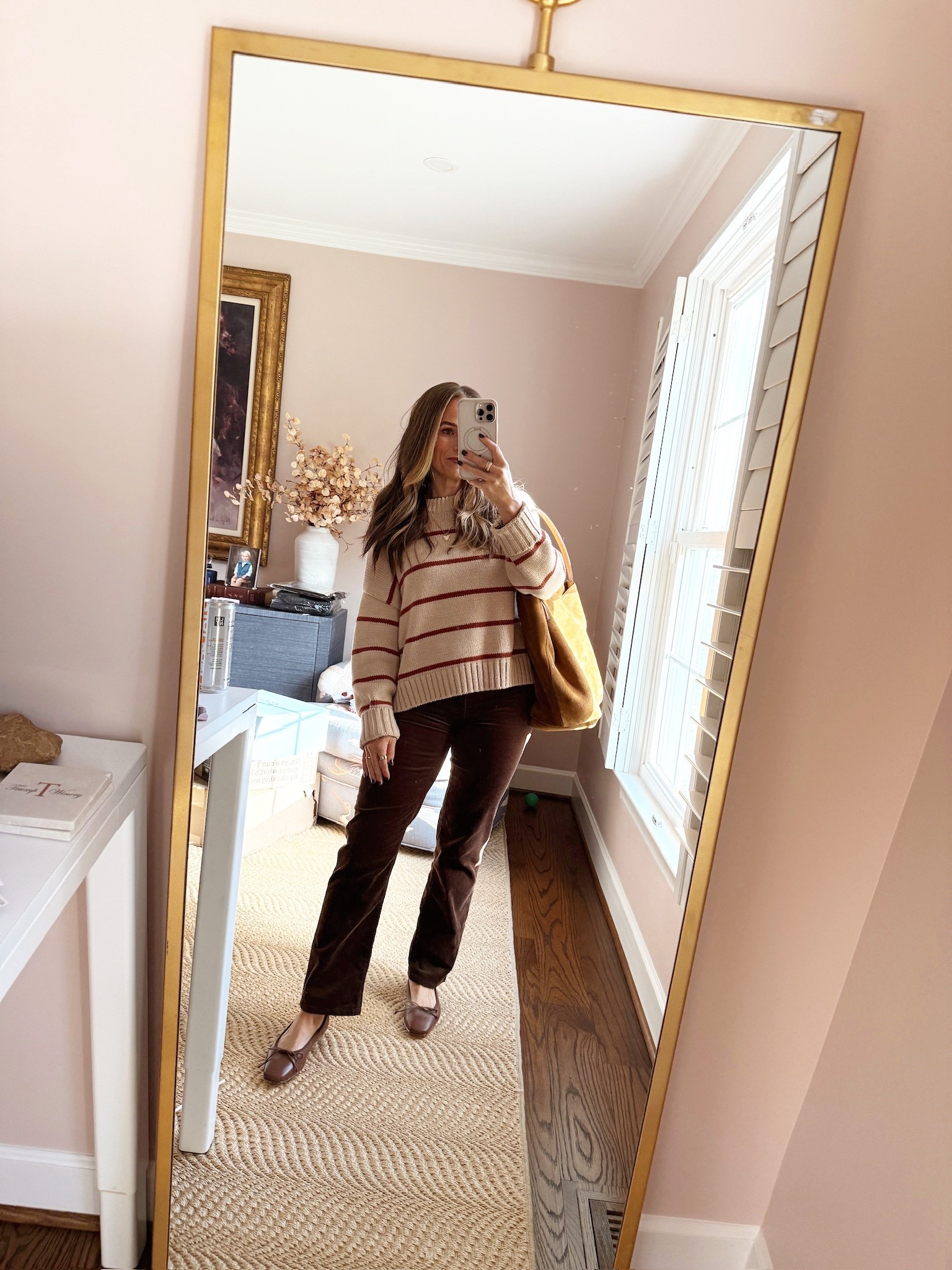 Striped sweater, corduroy jeans, suede tote, earrings 

#LTKShoeCrush #LTKootd #LTKStyleTip