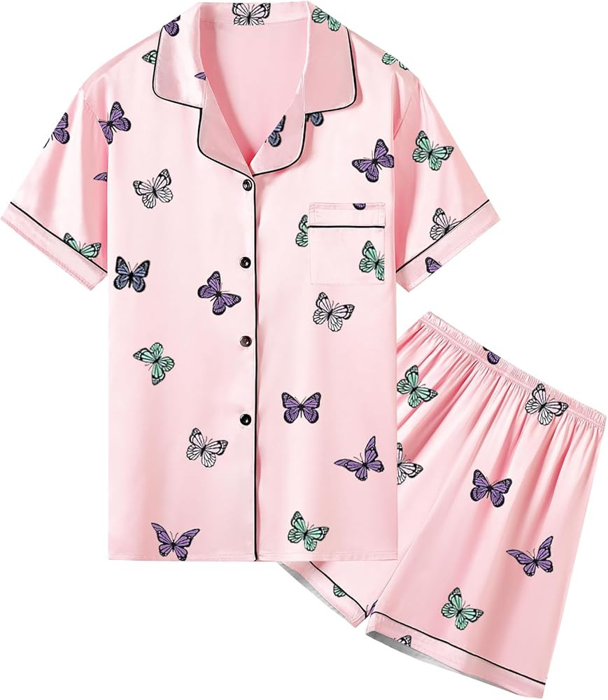 Umeyda Women & Girls Pajamas Set, Soft Satin Lightweight Silk Button-Down Top with Shorts 2 Piece... | Amazon (US)