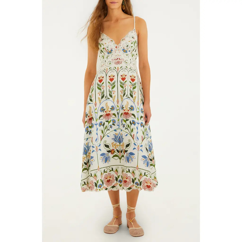 FARM Rio Garden Embroidered Linen Midi Sundress in Off-White at Nordstrom, Size Xx-Small | Nordstrom