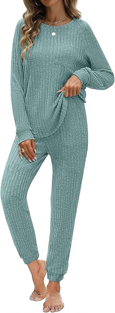 JUSTFASHIONNOW Womens Ribbed Knit Lounge Set 2 Piece Outfits Long Sleeve Pajama Set Loungewear Jo... | Amazon (US)