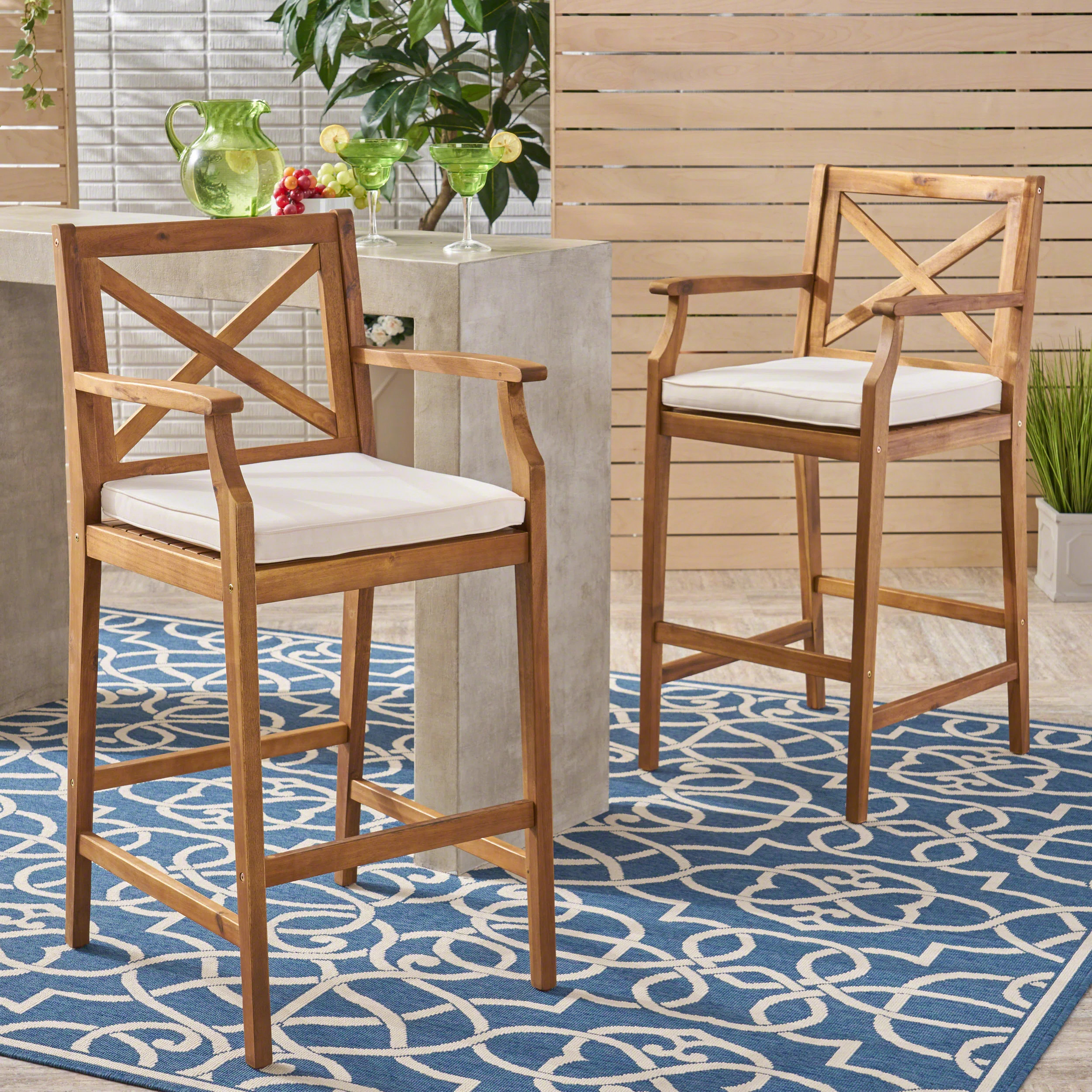 Zaryiah Acacia Outdoor Stool with Cushion (Set of 2) | Wayfair North America