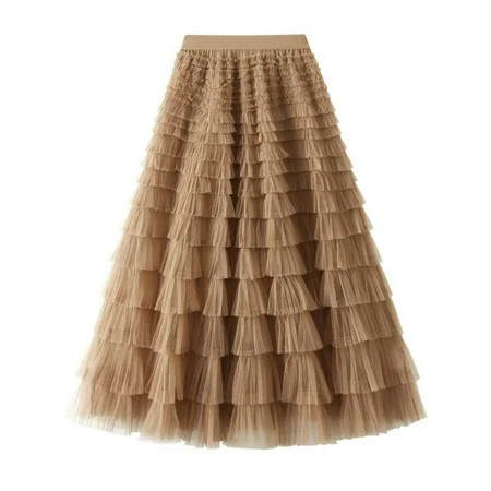 Leyerer Women s A Line Pleated Skirt Long Tutu Skirt Ruffle Mesh Vintage Calf Length Chiffon High Waist Bubble Skirt-Coffee L | Walmart (US)