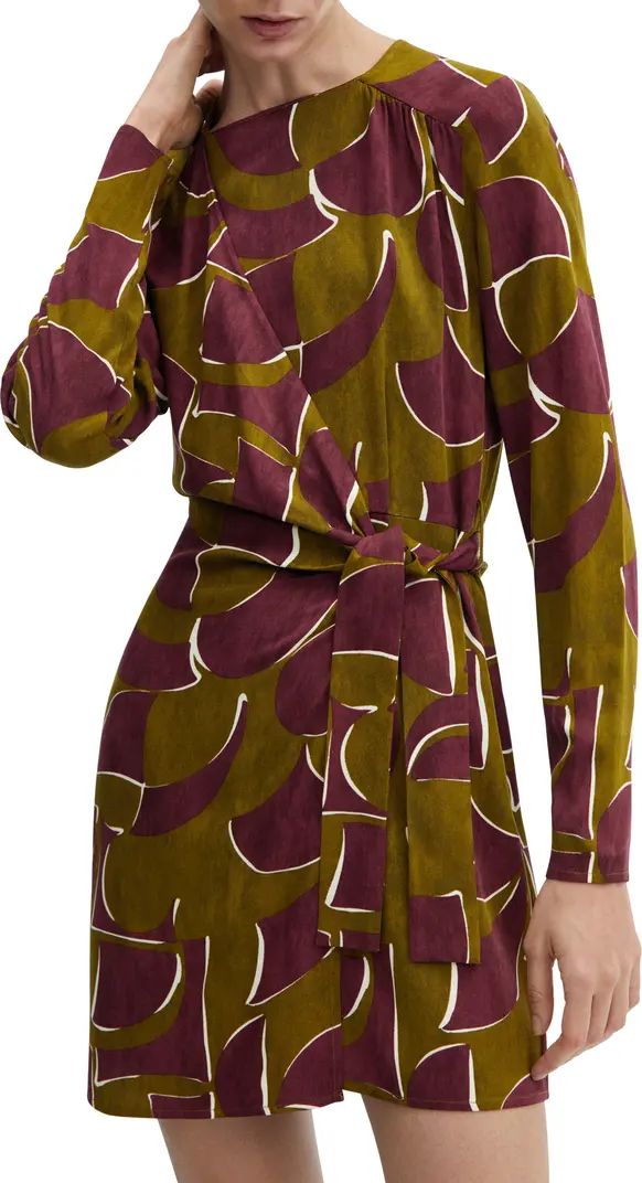MANGO Geo Print Long Sleeve Faux Wrap Minidress | Burgundy Dress | Olive Green Dress | Nordstrom
