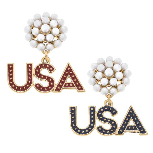 4th of July USA Pearl Cluster Enamel Earrings in Red and Blue | CANVAS