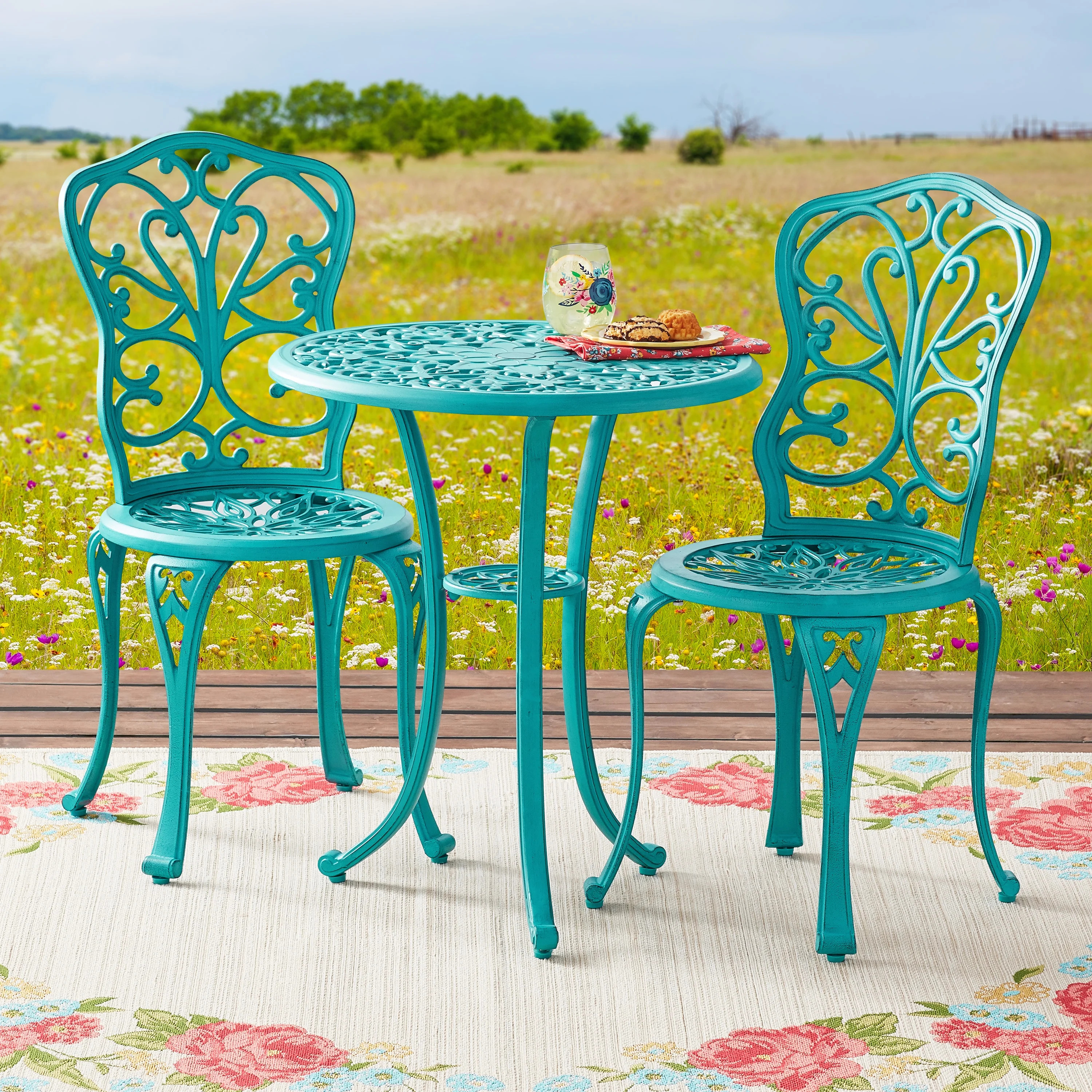The Pioneer Woman Goldie 3-Piece Cast Aluminum Garden Bistro Set, Teal | Walmart (US)