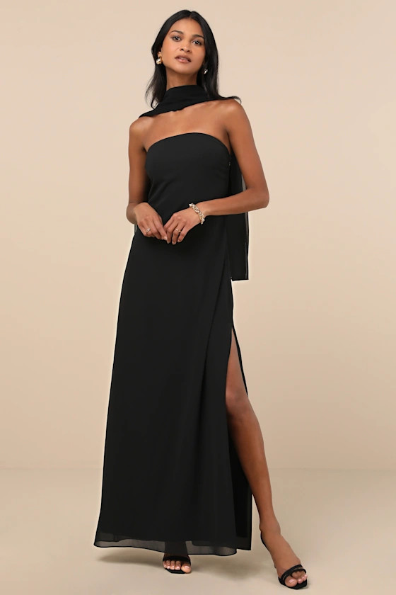 Rawya Black Strapless Maxi Dress and Scarf Set | Lulus