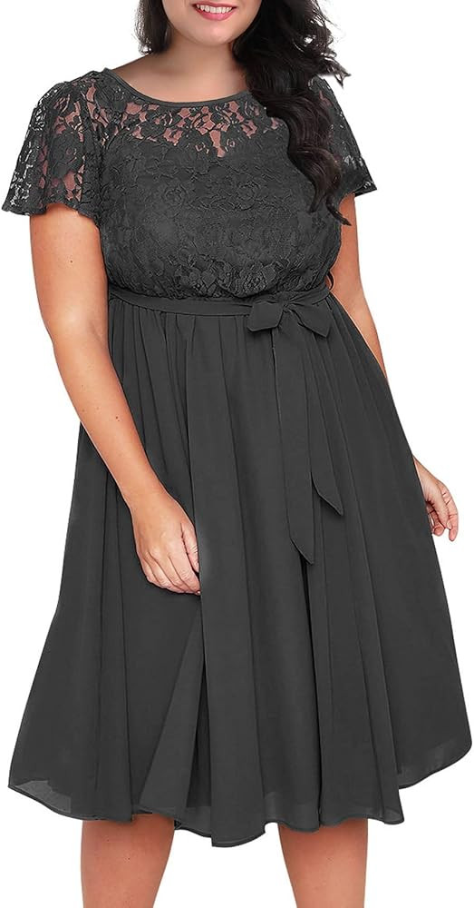 Nemidor Women's Scooped Neckline Floral lace Top Plus Size Cocktail Party Midi Dress | Amazon (US)
