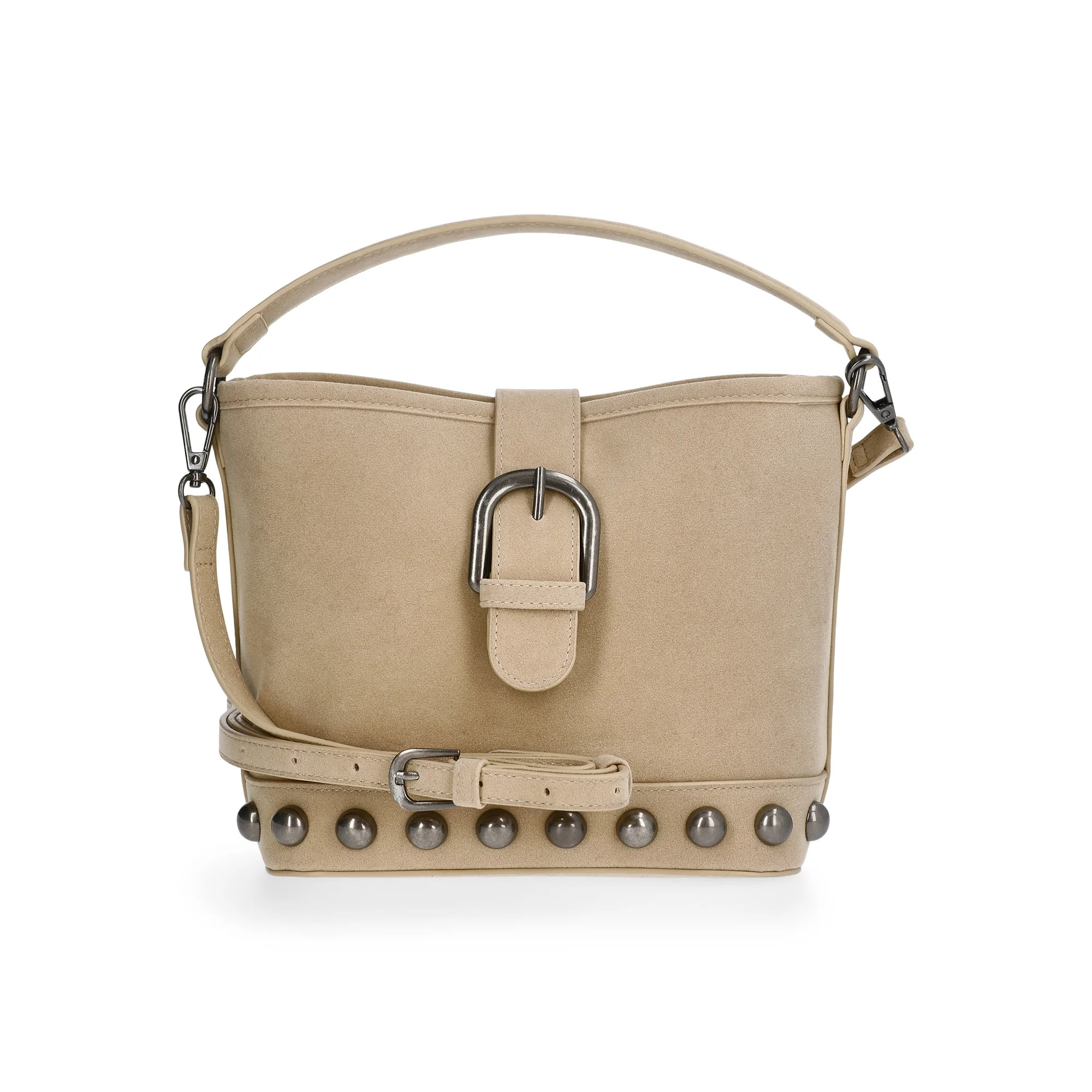 No Boundaries Women's Studded Faux Suede Moto Bucket Bag, Beige | Walmart (US)