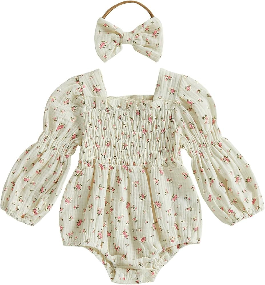 Smocked Baby Girl Clothes Newborn Girl Bubble Romper Long Sleeve Jumpsuit And Headband Outfit Cut... | Amazon (US)