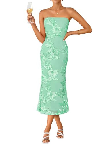 ZESICA Cocktail Wedding Guest Dresses for Women 2026 Summer Strapless Floral Bodycon Mesh Tube Formal Party Midi Dress Mint Large | Amazon (US)