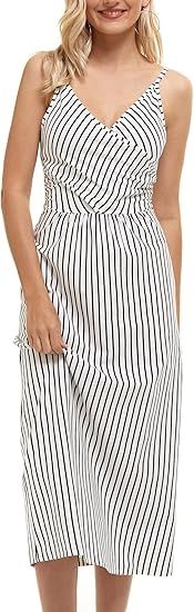 MSBASIC Womens Wrap V Neck Spaghetti Strap Striped Maxi Evening Dress with Pockets | Amazon (US)