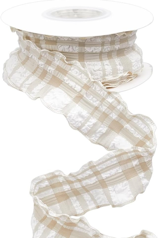 10 Yards 1.5 Inch Beige Plaid Ribbon Checkered Ribbon Tan Gingham Double Chiffon Ruffled Edge Pol... | Amazon (US)
