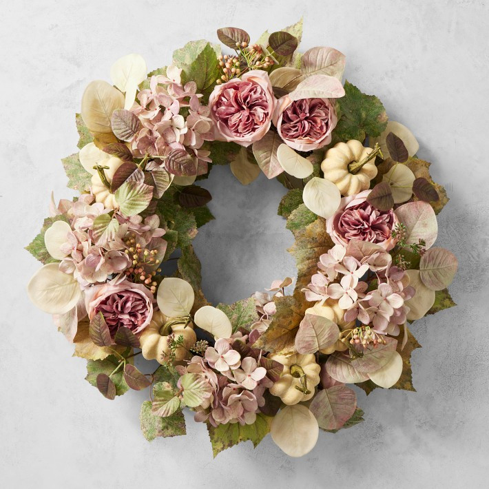 Blush Pumpkin & Floral Faux Wreath, 29" | Williams-Sonoma