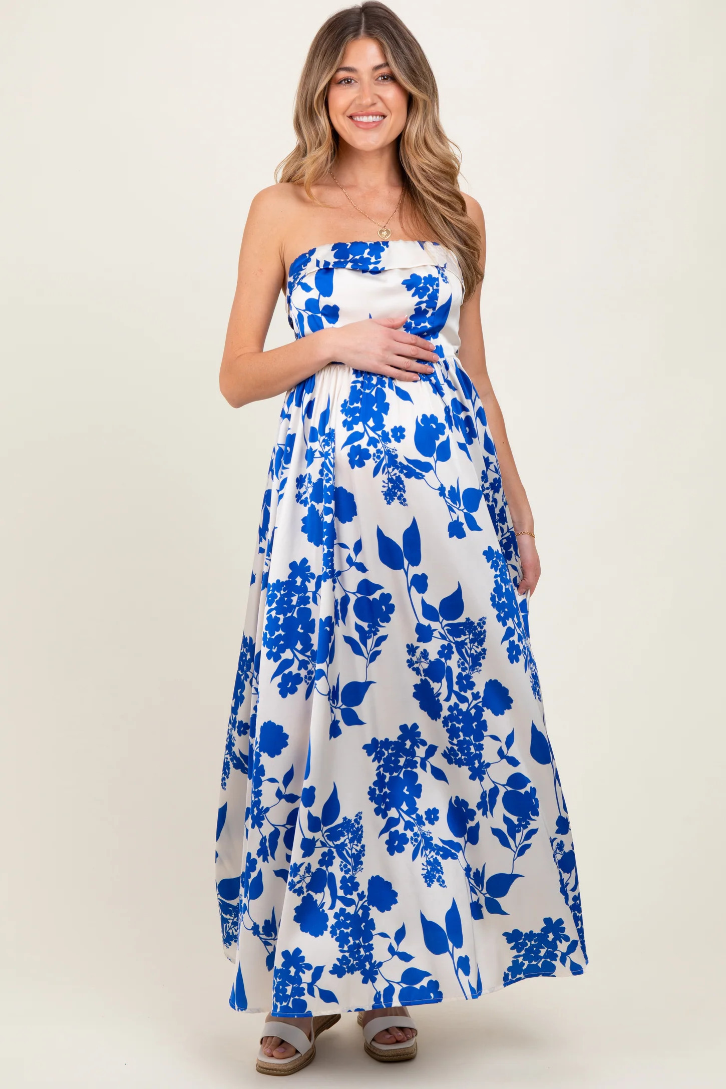 Blue Strapless Back Tie Maternity Maxi Dress | PinkBlush Maternity