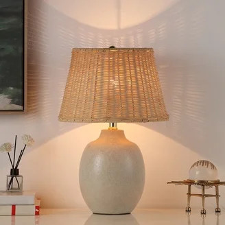 Better Homes & Gardens Cream Reactive Ceramic Table Lamp with Natural Rattan Shade, 18 in | Walmart (US)