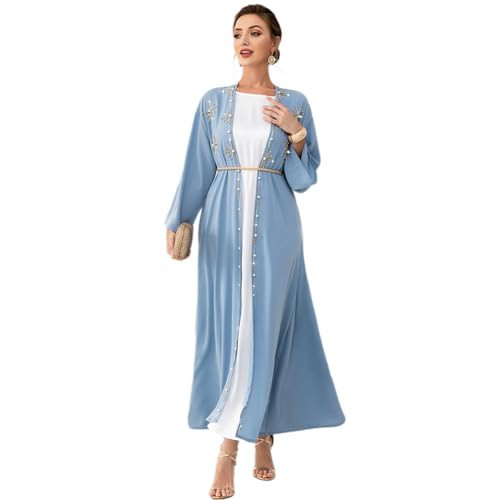 IDOPIP Muslim Abayas for Women Long Sleeve Open Front Cardigan with Belt Rhinestone Applique Maxi Kaftan Dress Islamic Dubai Robe Middle East Loose Full Cover Cardigan Prayer Dress Clothes Blue XXL | Amazon (US)