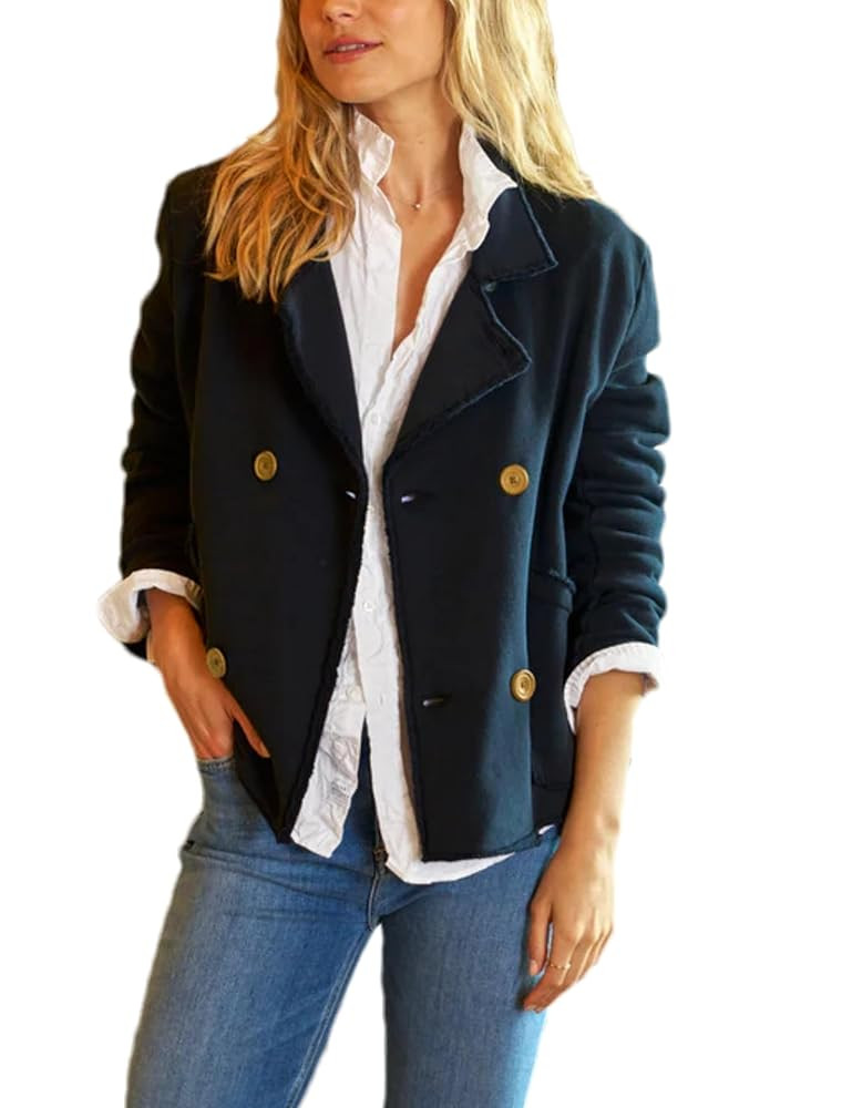 Bozanly Double Breasted Blazers Jacket for Women Casual Notched Loose Crop Outerwear with Pockets | Amazon (US)