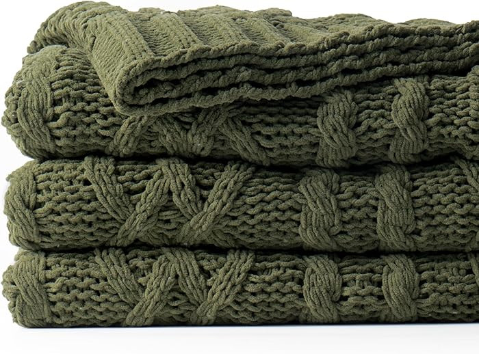 Battilo Olive Green Throw Blanket for Couch, Chunky Cable Knit Blanket, Woven Soft Cozy Chenille ... | Amazon (US)