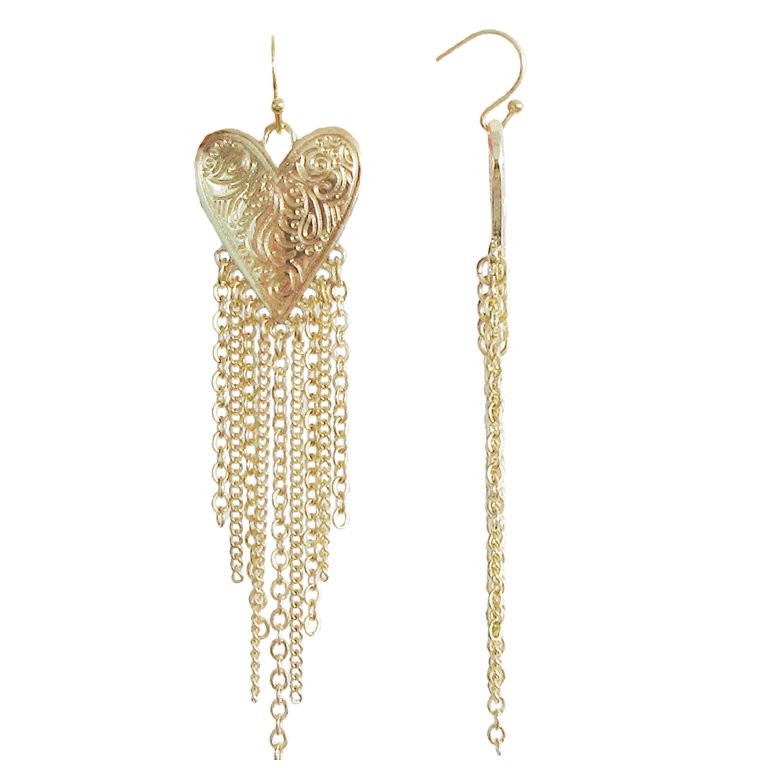 Time and Tru Women's Gold Etched Heart W/Chain Tassel Earring | Walmart (US)