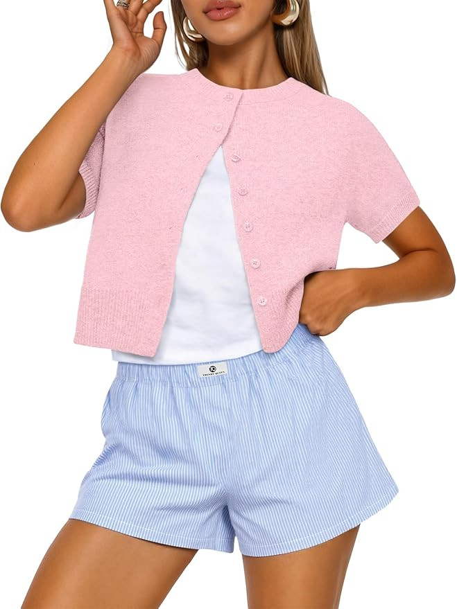 Trendy Queen Cropped Short Sleeve Cardigan Sweaters for Women Summer Lightweight Spring Outfits Y... | Amazon (US)