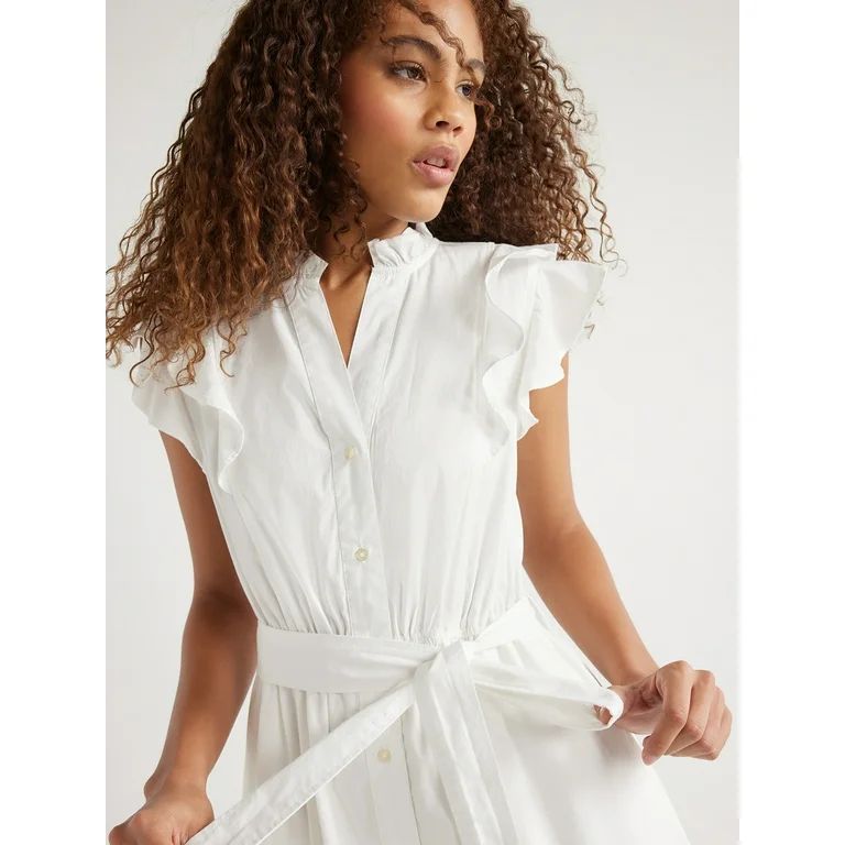Free Assembly Women's Cotton Ruffle Neck Maxi Shirtdress, Sizes XS-XXL | Walmart (US)